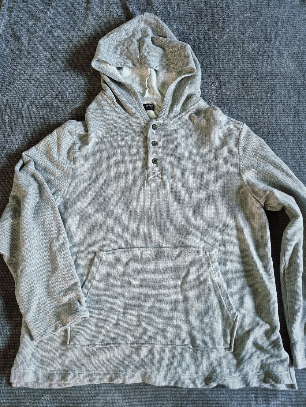 Line of Trade Men's XL Gray Cotton  waffle Knit Henley Pullover Hoodie Pockets,